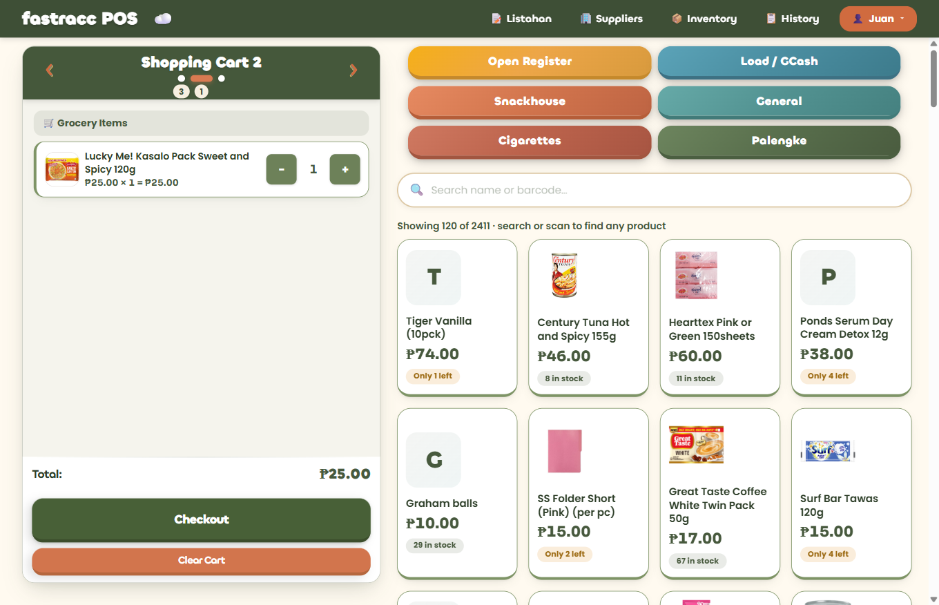 fastracc POS register with the selling screen, live cart and product grid