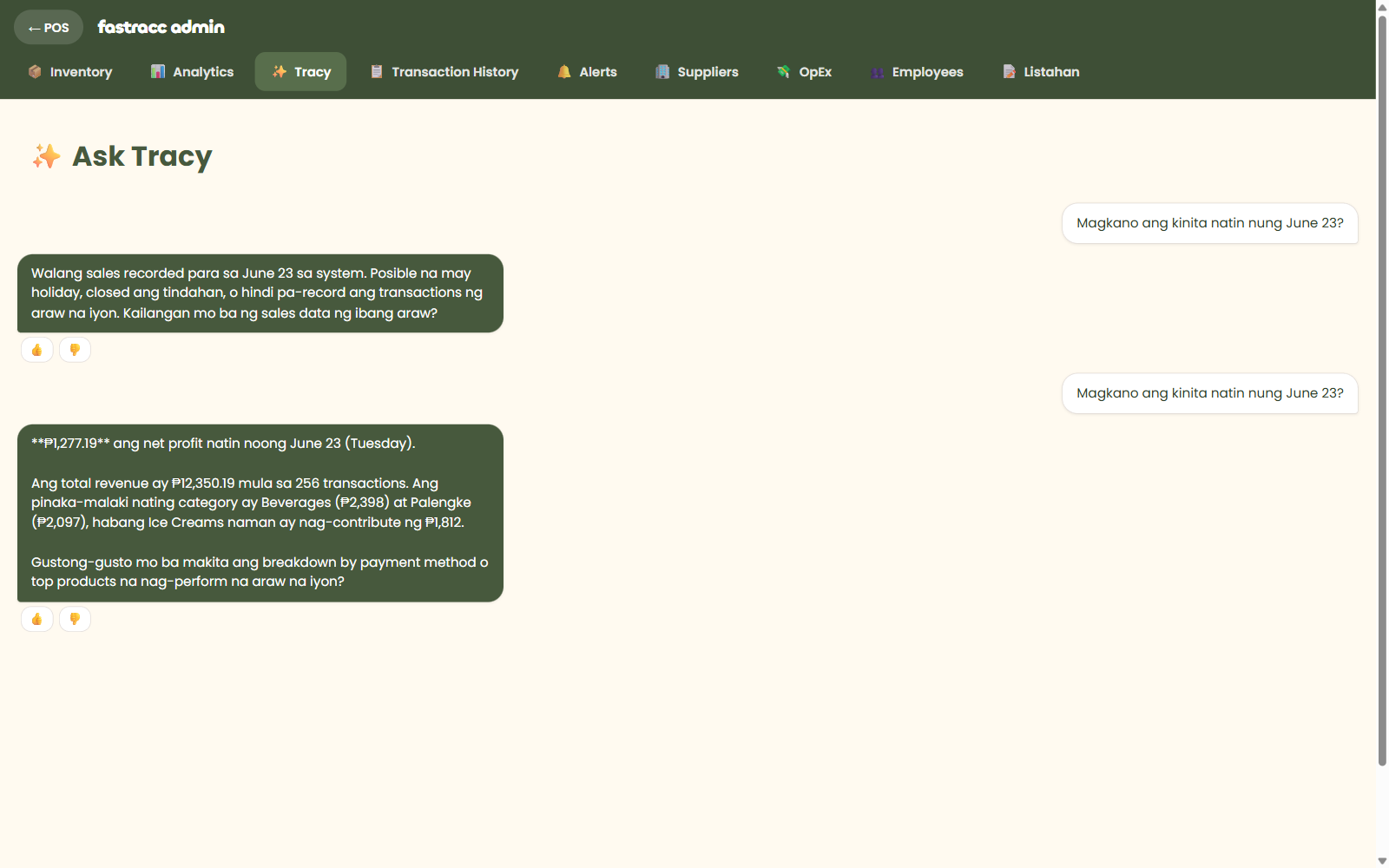 Tracy answering a store question using business context