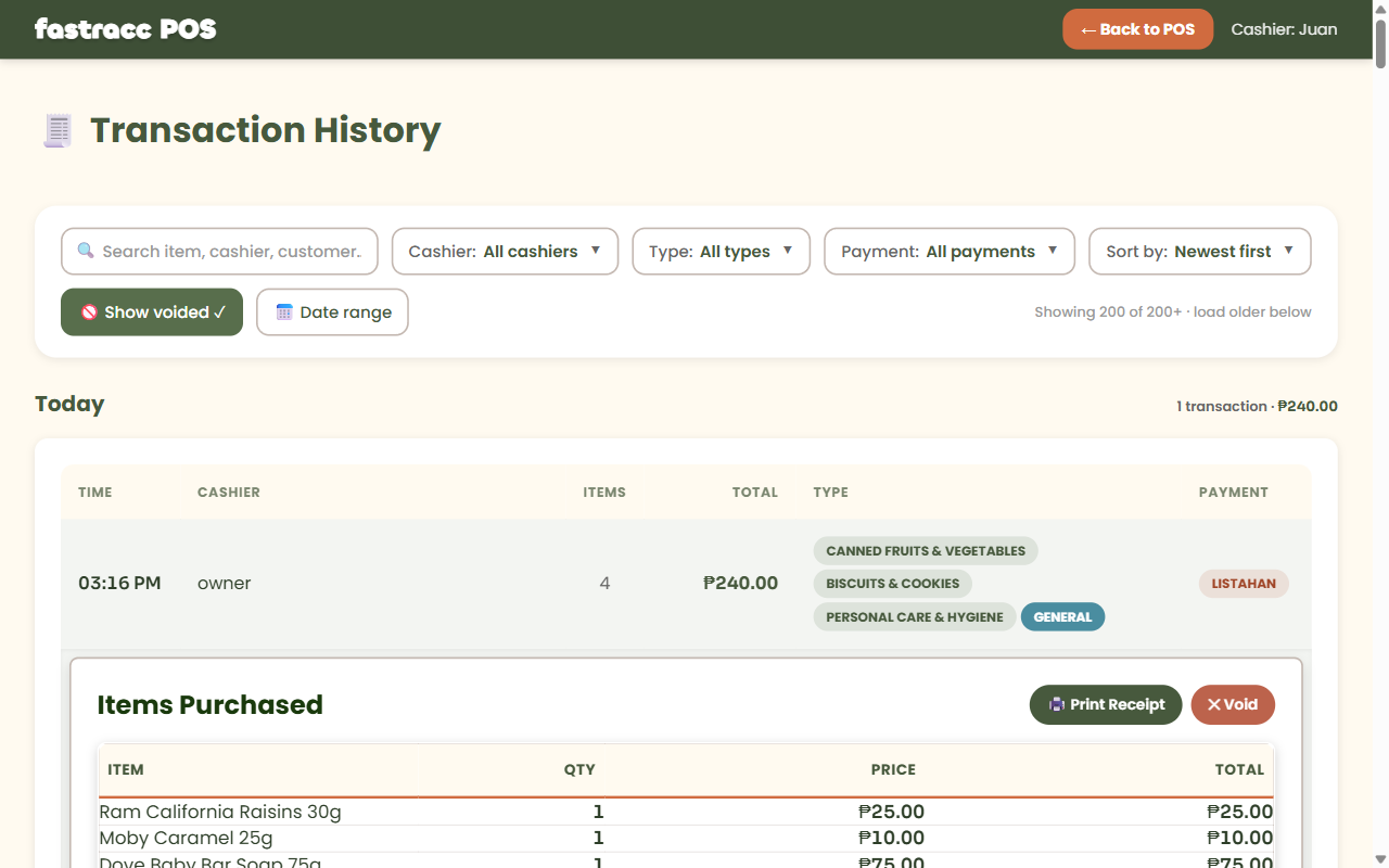 fastracc transaction history with an itemized sale, tagged Listahan, reprint and void controls